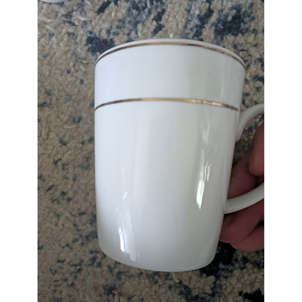 Set of 4 White Porcelain Coffee Mugs with Double Gold Rim Trim